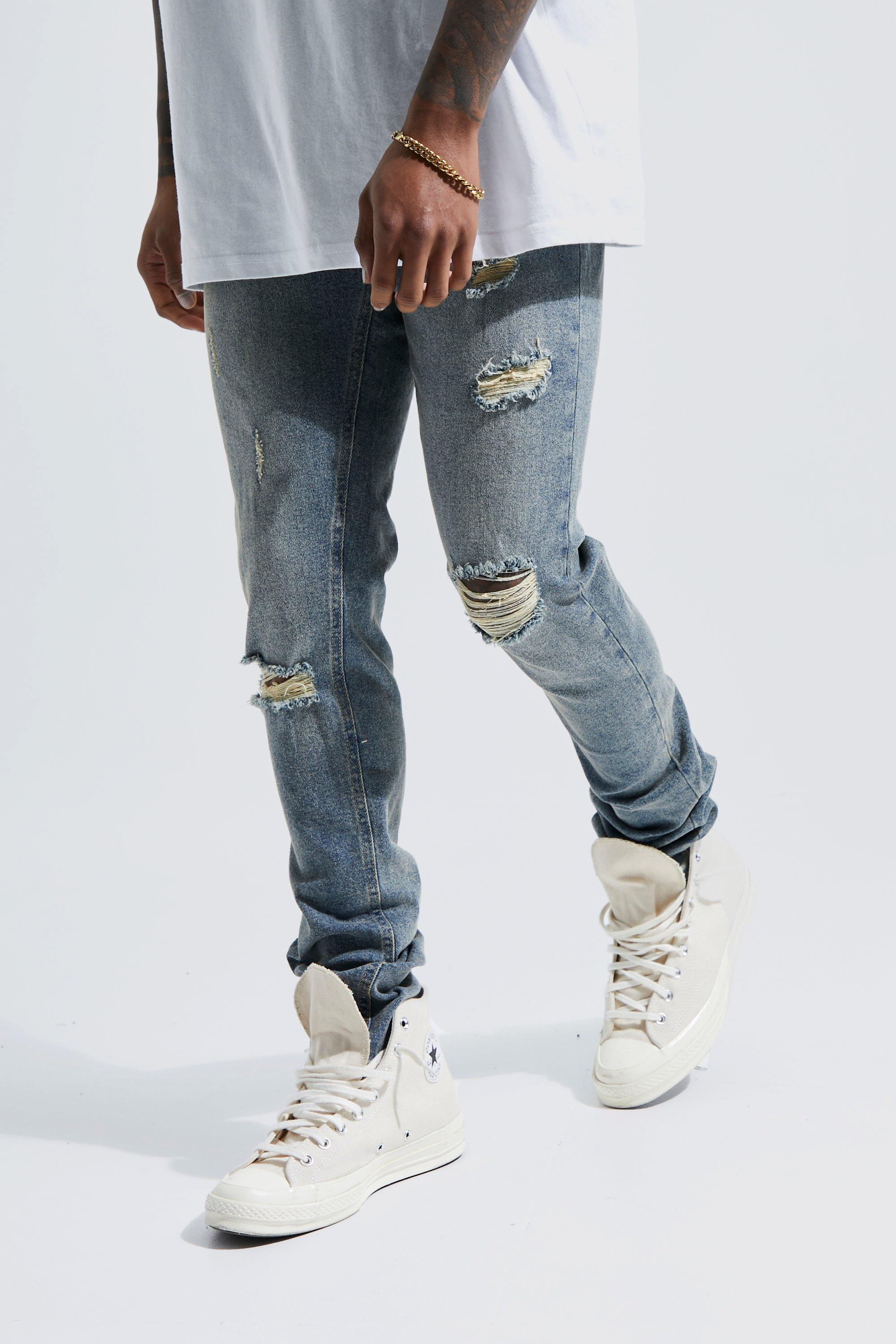 Skinny Stretch Stacked Busted Knee Jeans | boohooMAN USA